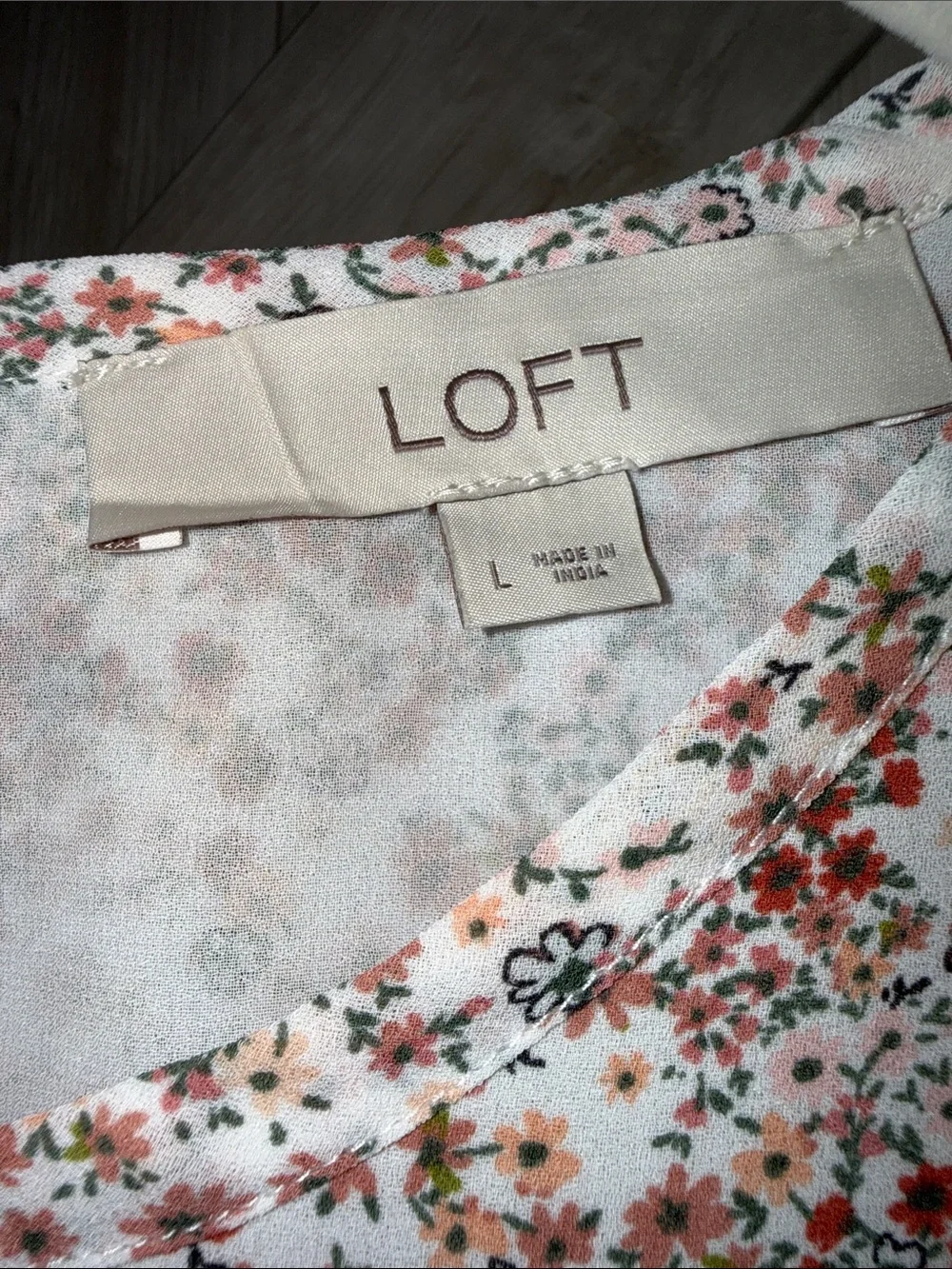 LOFT White Blouse with Rust Floral Print and Puff Sleeves